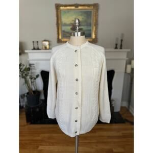Vintage 70s Cardigan, Off-White Cable Knit Sweater, Silver Buttons, Minimalist